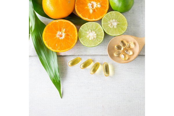 Softgel capsules and fruit.